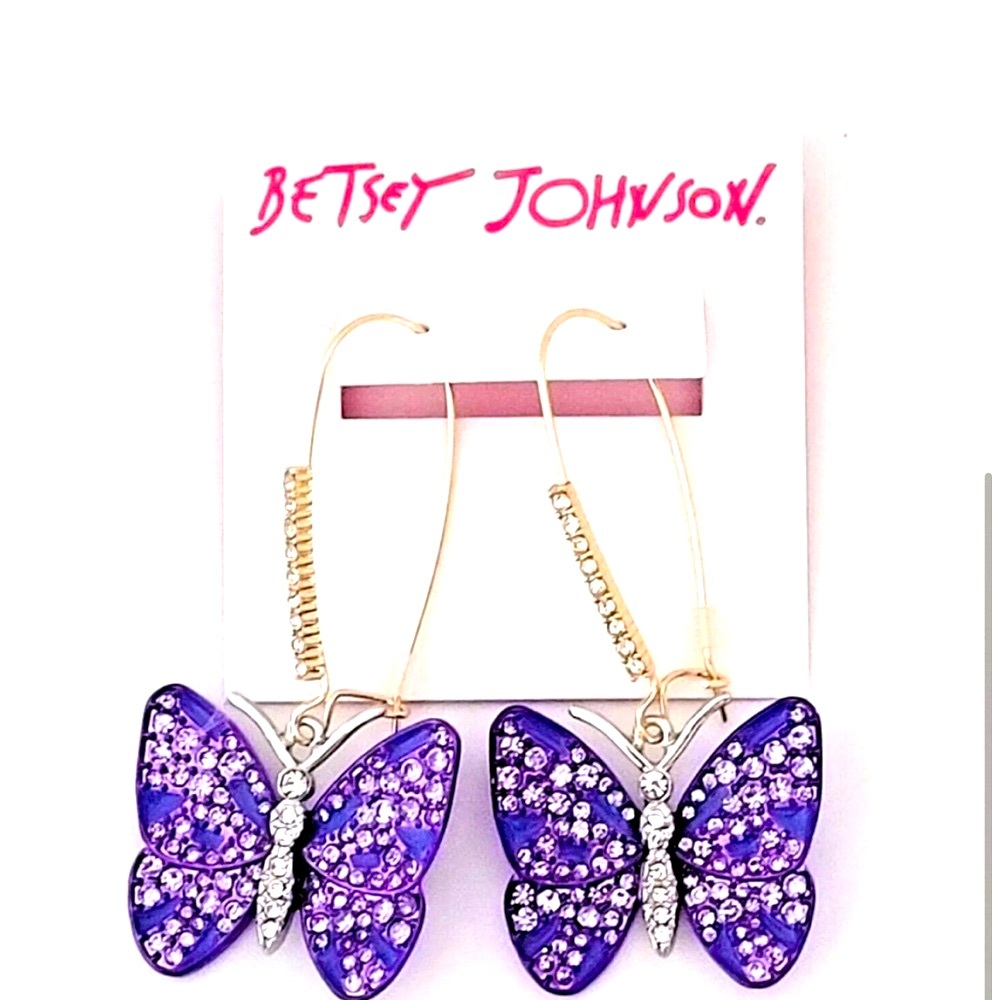 Betsey Johnson Purple Butterfly Pave Dangle Earrings NWT - Picture 2 of 5